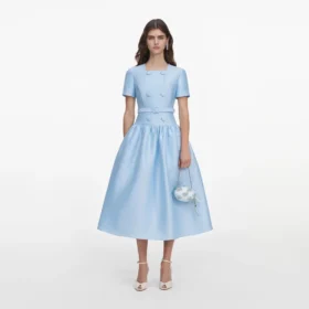 Blue Button Front Taffeta Midi Dress