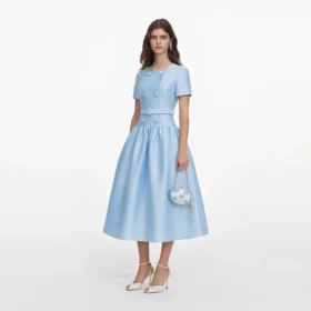 Blue Button Front Taffeta Midi Dress