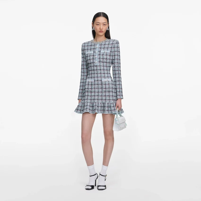 Blue Check Knit Mini Dress Blue Check Knit Mini Dress