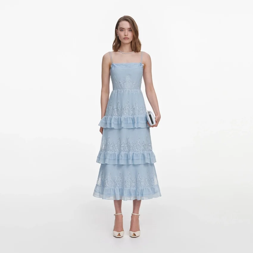 Blue Chiffon Lace Tiered Midi Dress Blue Chiffon Lace Tiered Midi Dress