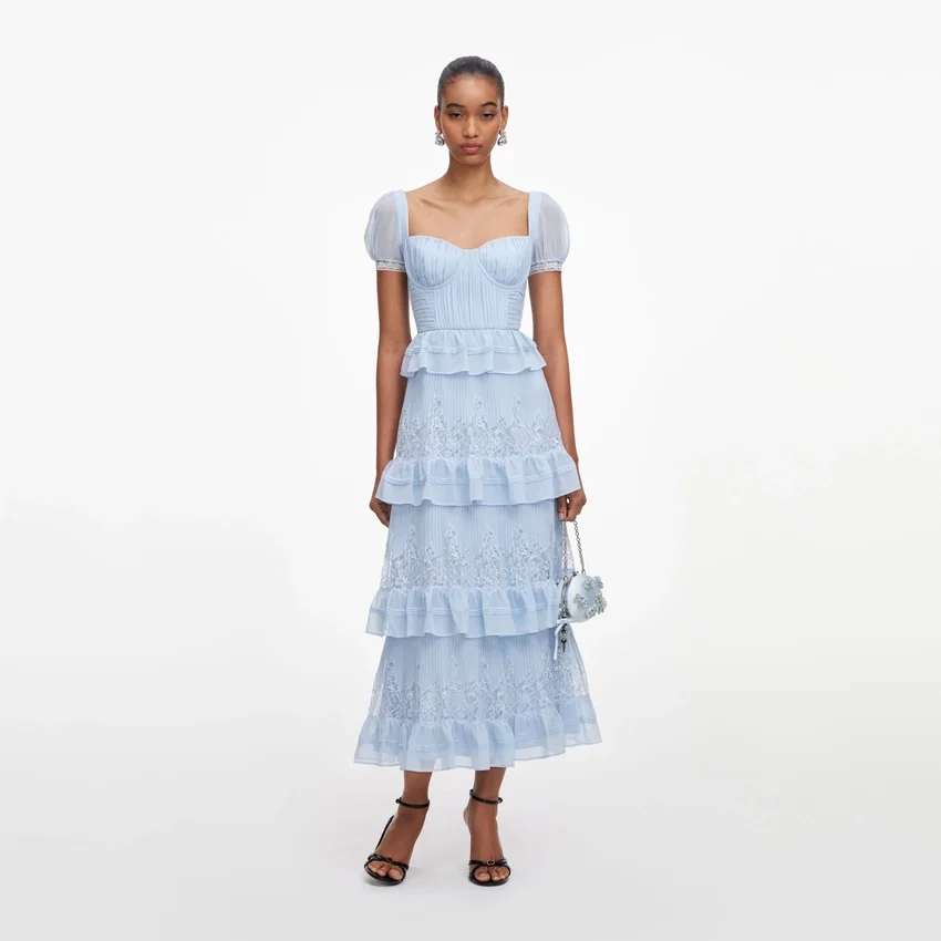 Blue Chiffon Short Sleeve Midi Dress Blue Chiffon Short Sleeve Midi Dress
