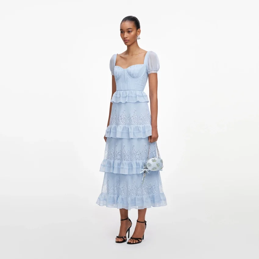 Blue Chiffon Short Sleeve Midi Dress Blue Chiffon Short Sleeve Midi Dress