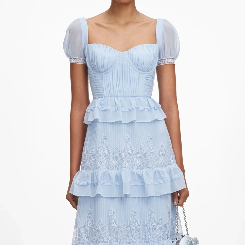 Blue Chiffon Short Sleeve Midi Dress Blue Chiffon Short Sleeve Midi Dress