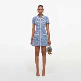 Blue Collared Textured Denim Mini Dress