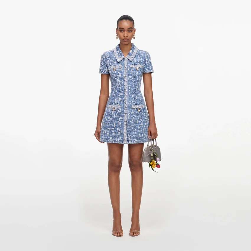Blue Collared Textured Denim Mini Dress Blue Collared Textured Denim Mini Dress