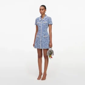 Blue Collared Textured Denim Mini Dress