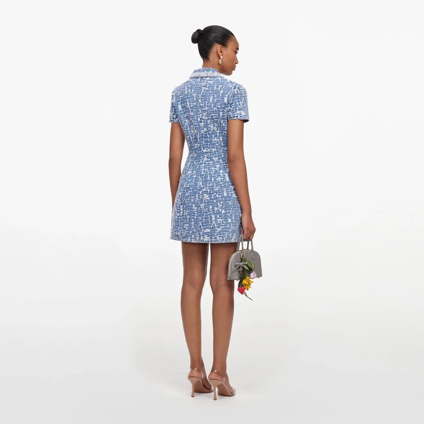 Blue Collared Textured Denim Mini Dress Blue Collared Textured Denim Mini Dress