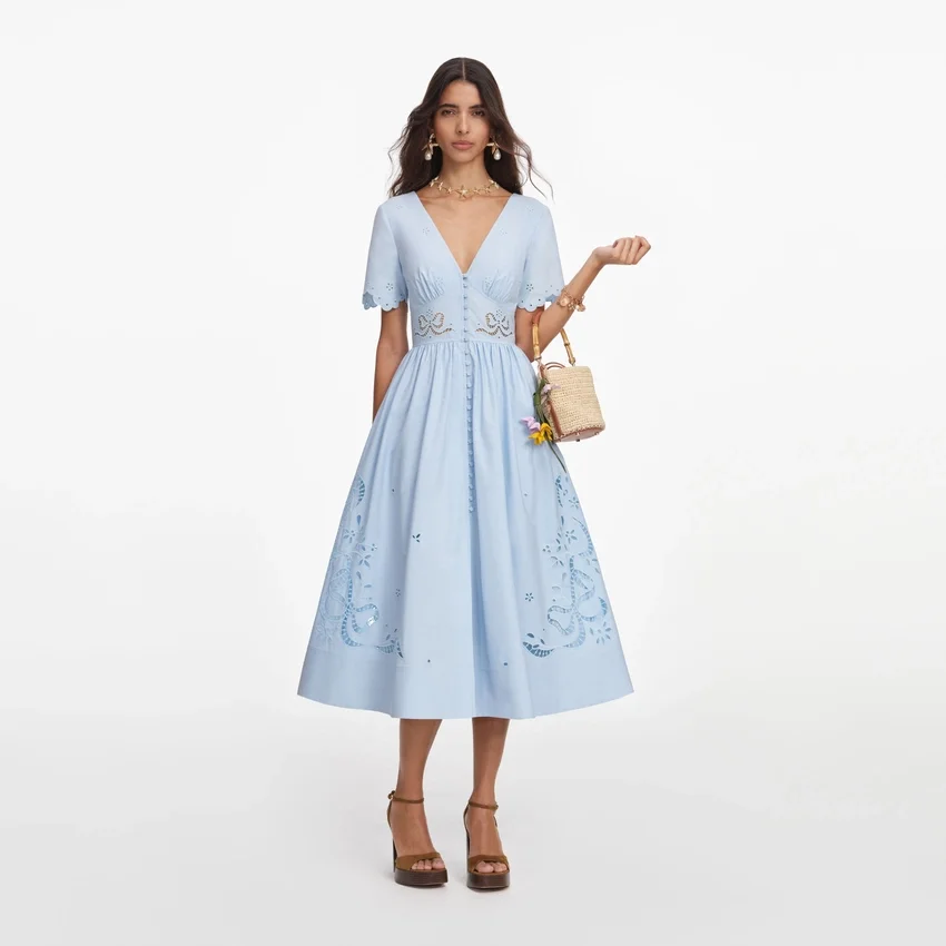Blue Cotton Embroidered Midi Dress Blue Cotton Embroidered Midi Dress