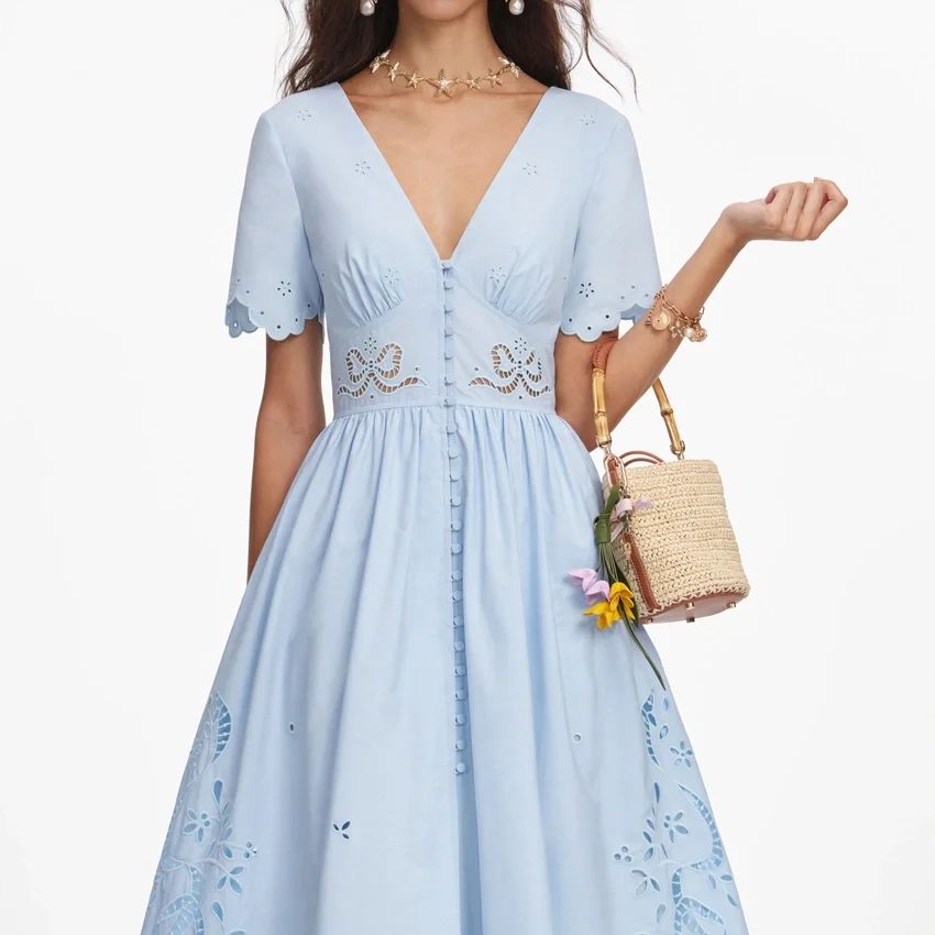 Blue Cotton Embroidered Midi Dress Blue Cotton Embroidered Midi Dress