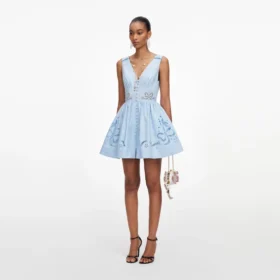 Blue Cotton Embroidered Mini Dress