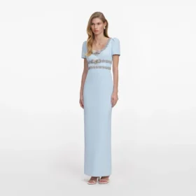 Blue Crepe Embellished Bow Maxi Dress