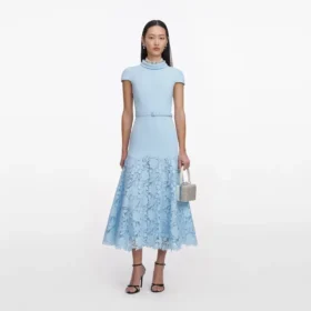 Blue Crepe Lace Midi Dress