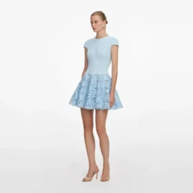 Blue Crepe Lace Mini Dress
