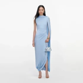 Blue Jersey Draped Maxi Dress