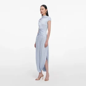 Blue Jersey Gathered Midi Dress