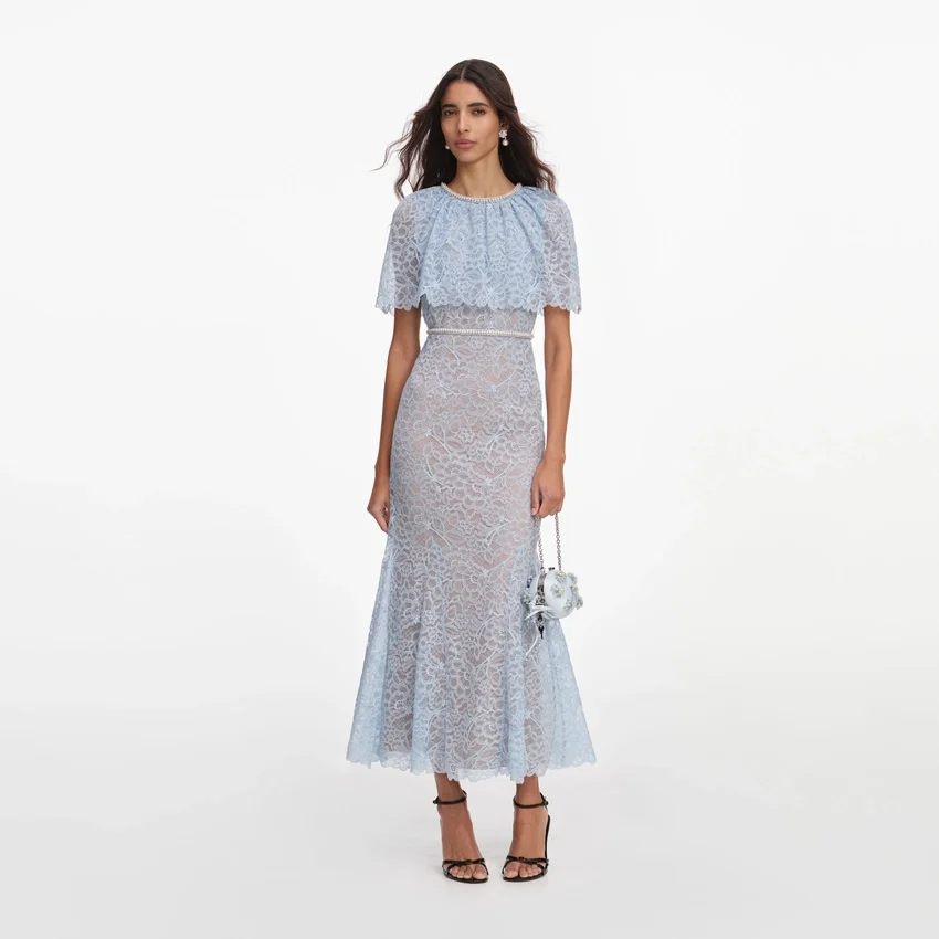 Blue Lace Cape Midi Dress Blue Lace Cape Midi Dress