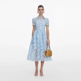 Blue Lace Collared Midi Dress