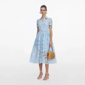Blue Lace Collared Midi Dress