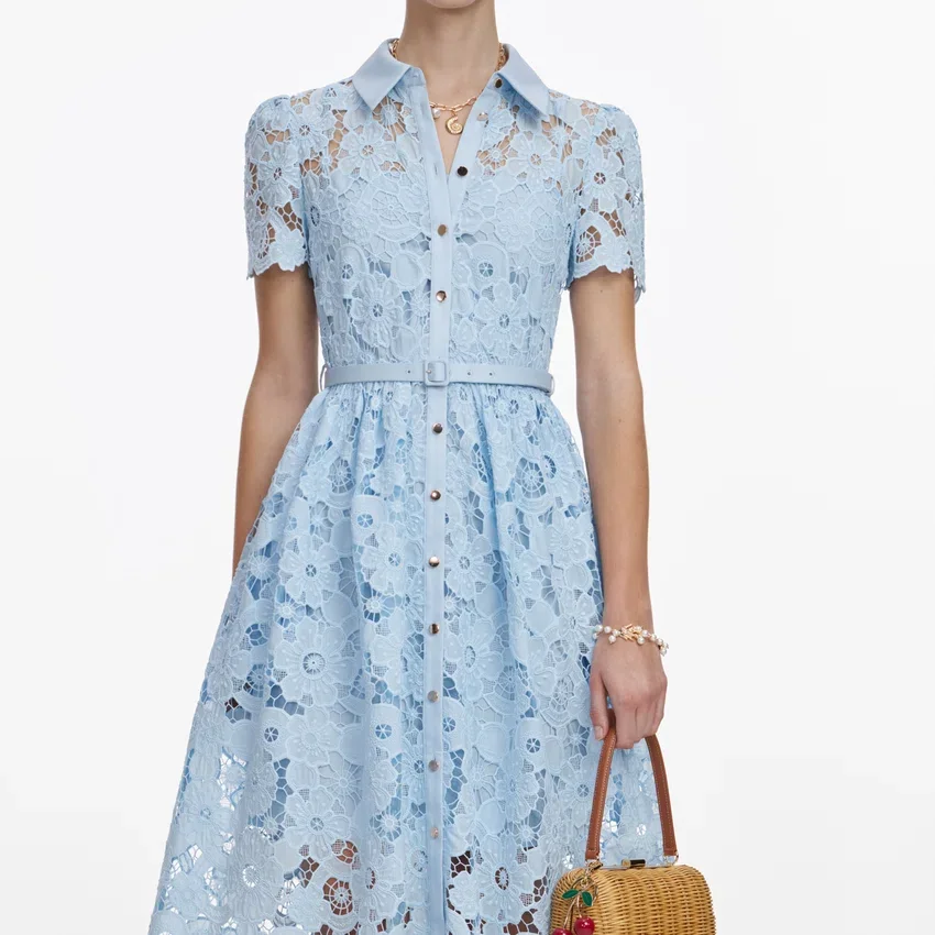 Blue Lace Collared Midi Dress Blue Lace Collared Midi Dress