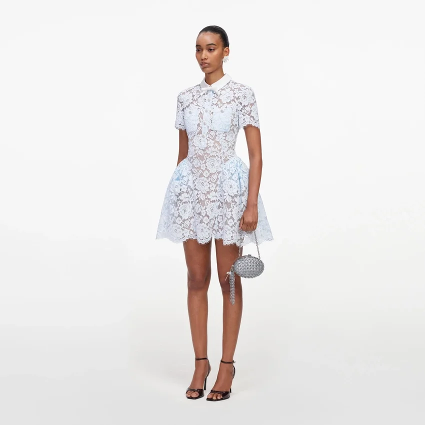 Blue Lace Flared Mini Dress Blue Lace Flared Mini Dress