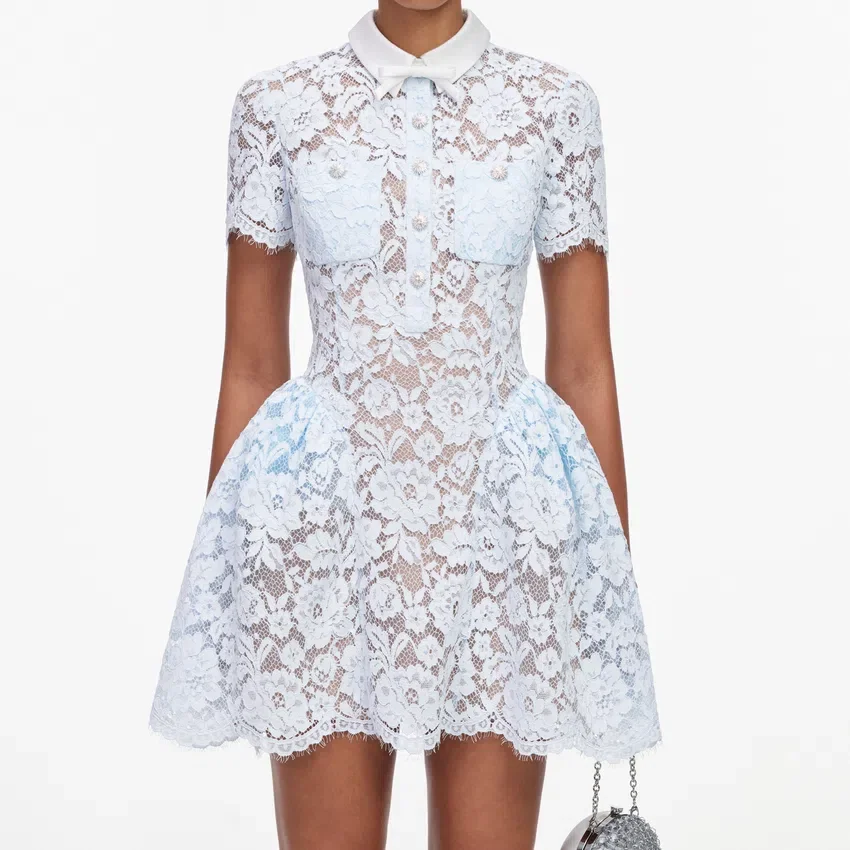 Blue Lace Flared Mini Dress Blue Lace Flared Mini Dress