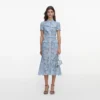 Blue Lace Tie Neck Midi Dress