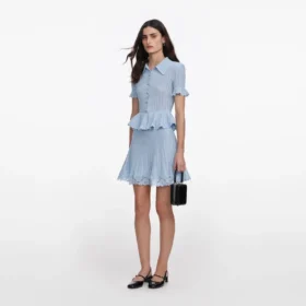 Blue Pointelle Peplum Knit Mini Dress