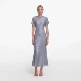 Blue Rhinestone Mesh Midi Dress