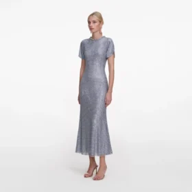 Blue Rhinestone Mesh Midi Dress