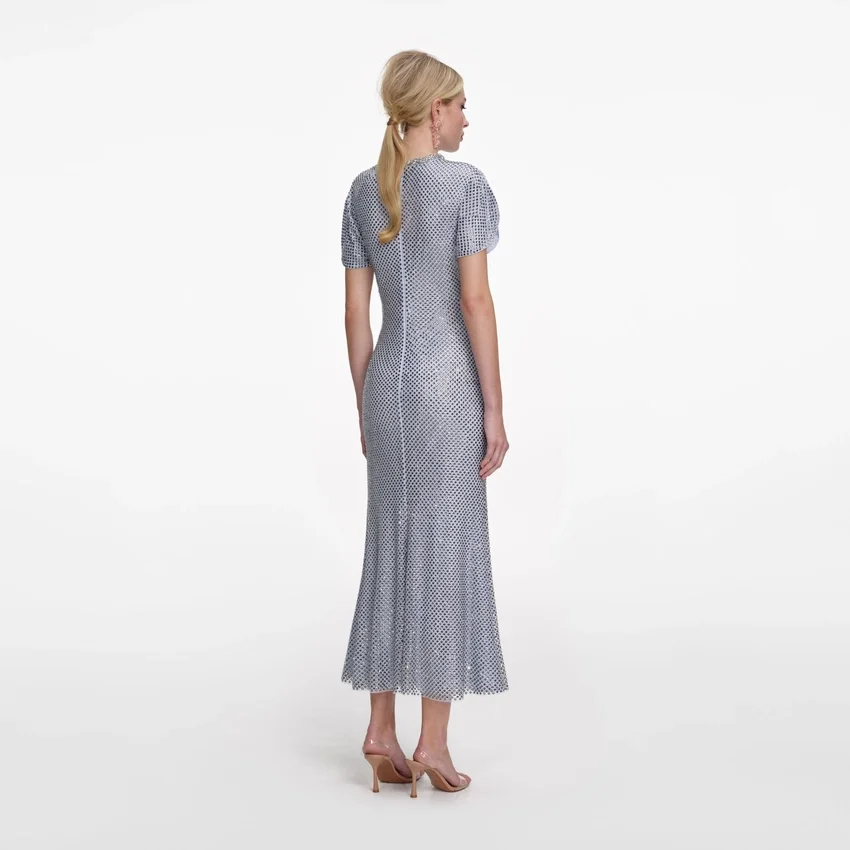 Blue Rhinestone Mesh Midi Dress Blue Rhinestone Mesh Midi Dress