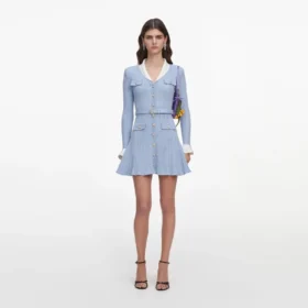 Blue Ribbed Knit Mini Dress