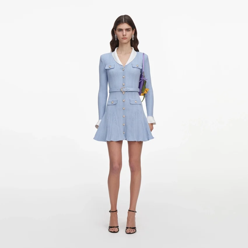 Blue Ribbed Knit Mini Dress Blue Ribbed Knit Mini Dress