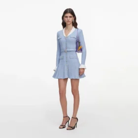 Blue Ribbed Knit Mini Dress