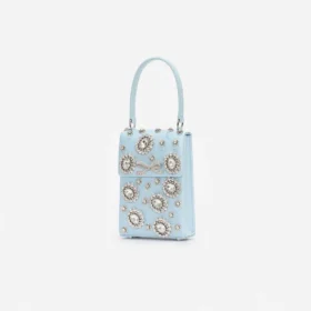 Blue Satin Crystal Mini Bow Bag