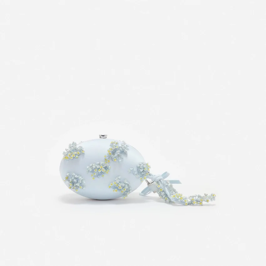 Blue Satin Floral Beaded Oval Clutch Blue Satin Floral Beaded Oval Clutch