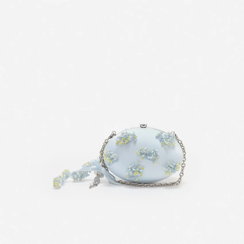 Blue Satin Floral Beaded Oval Clutch Blue Satin Floral Beaded Oval Clutch