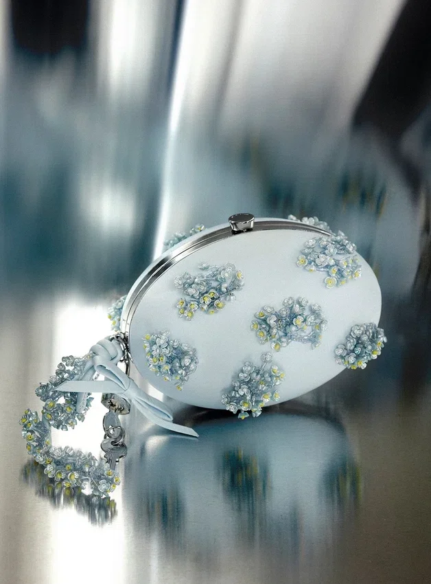 Blue Satin Floral Beaded Oval Clutch Blue Satin Floral Beaded Oval Clutch