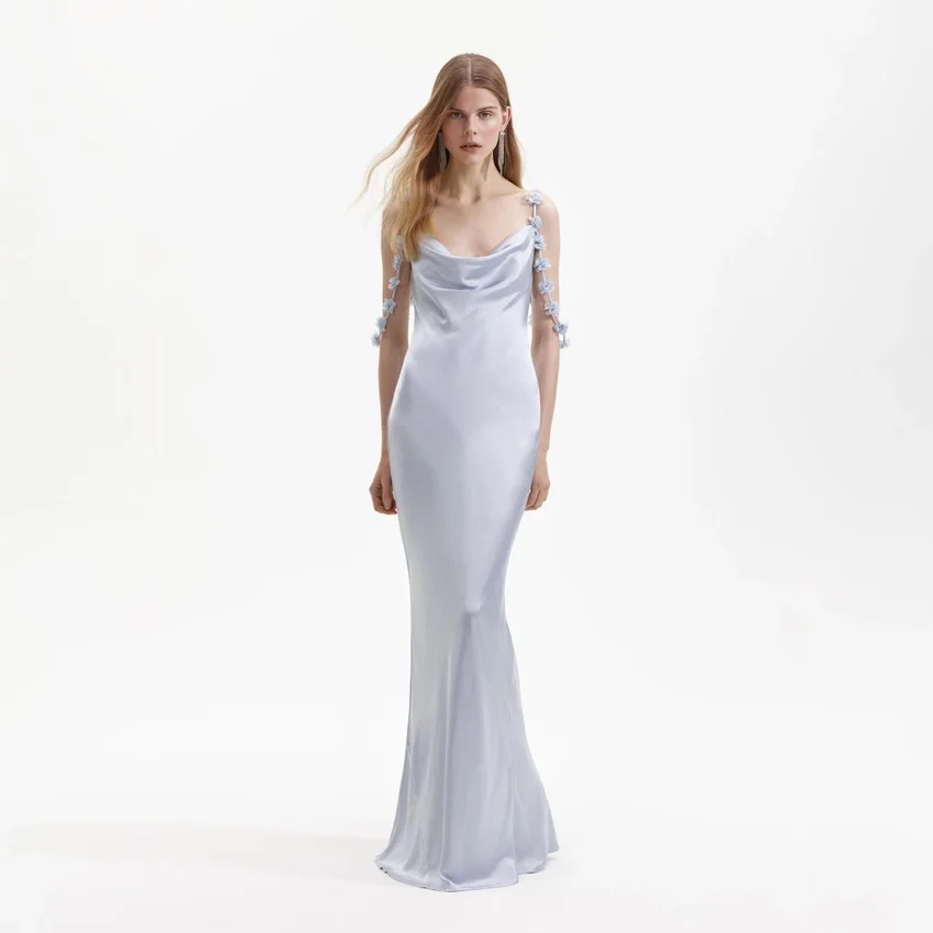 Blue Satin Flower Maxi Dress Blue Satin Flower Maxi Dress