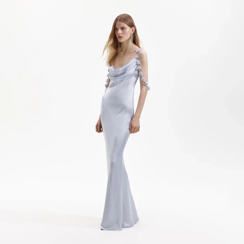 Blue Satin Flower Maxi Dress Blue Satin Flower Maxi Dress