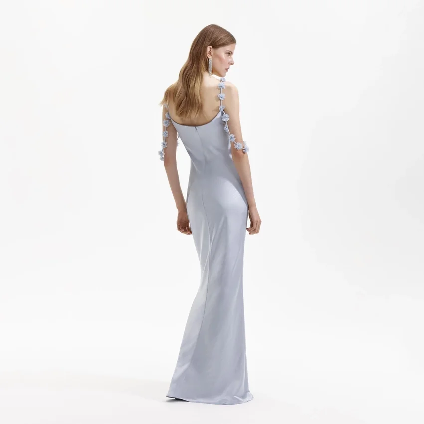 Blue Satin Flower Maxi Dress Blue Satin Flower Maxi Dress