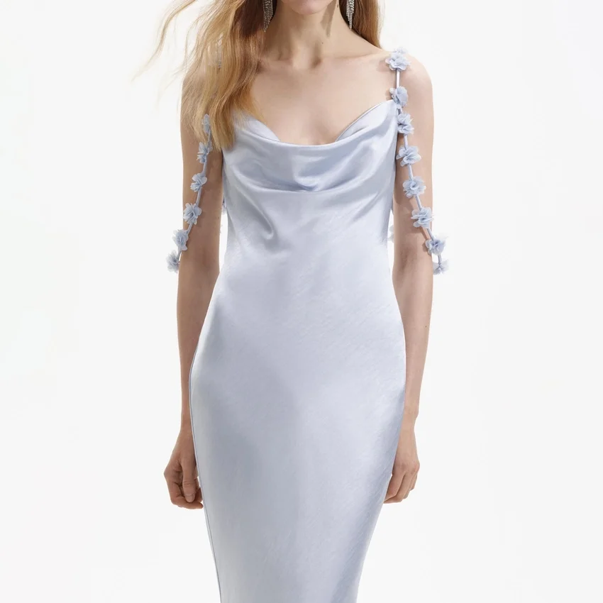Blue Satin Flower Maxi Dress Blue Satin Flower Maxi Dress