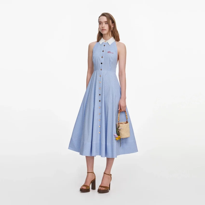 Blue Striped Cotton Midi Dress Blue Striped Cotton Midi Dress
