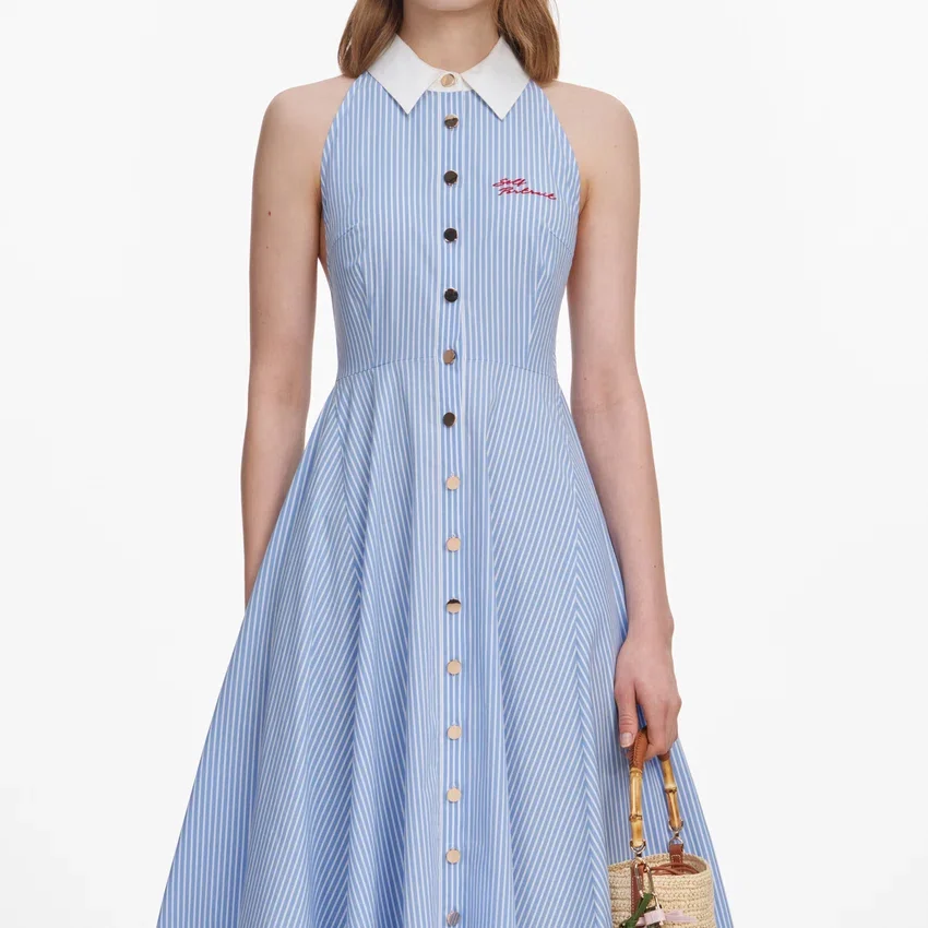 Blue Striped Cotton Midi Dress Blue Striped Cotton Midi Dress