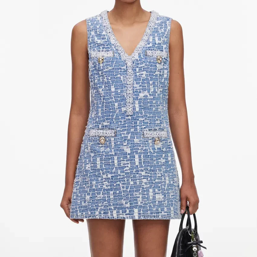 Blue Textured Denim Mini Dress Blue Textured Denim Mini Dress