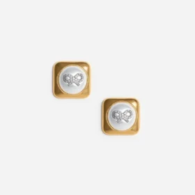Bow Pearl Gold Square Earrings