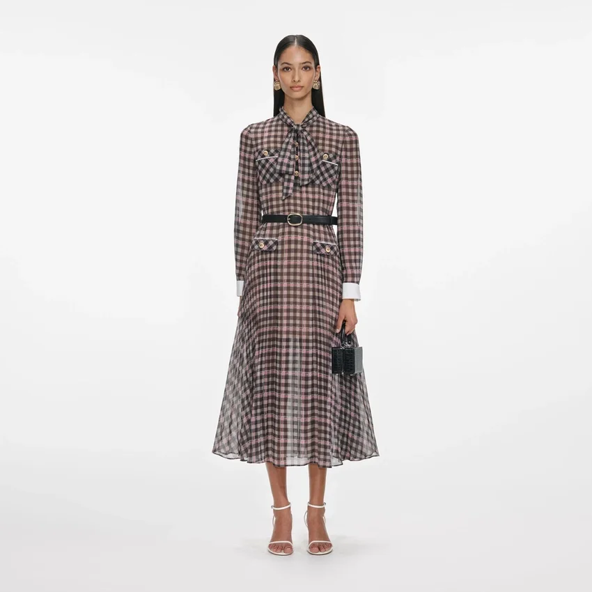 Brown Check Chiffon Midi Dress Brown Check Chiffon Midi Dress