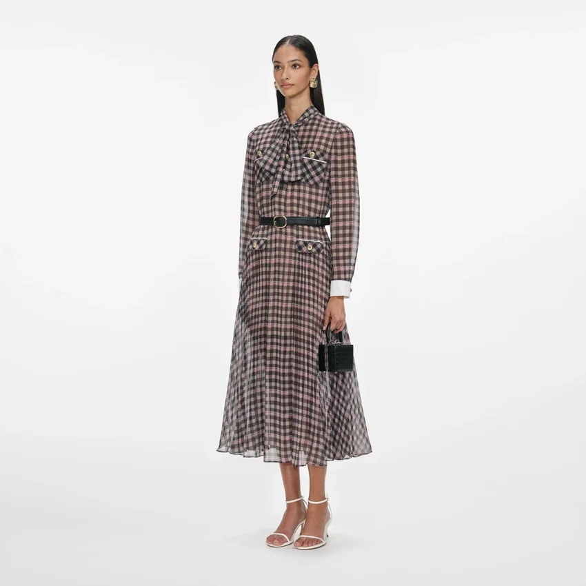 Brown Check Chiffon Midi Dress Brown Check Chiffon Midi Dress