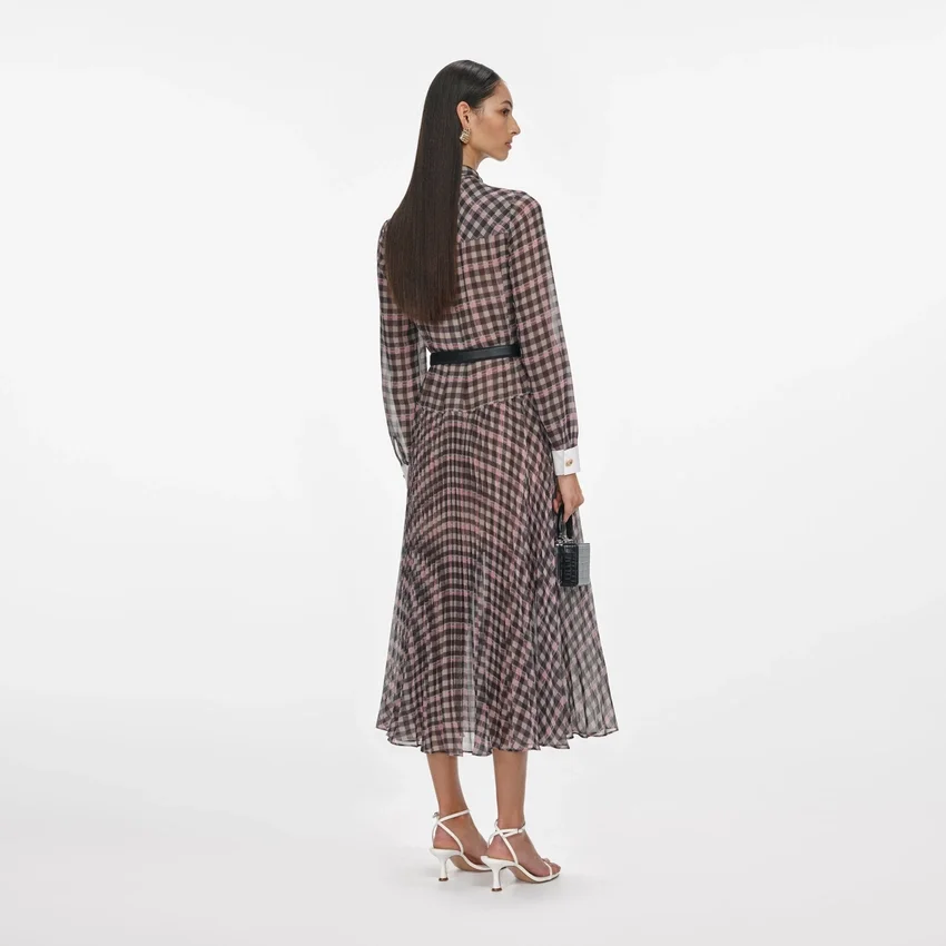 Brown Check Chiffon Midi Dress Brown Check Chiffon Midi Dress