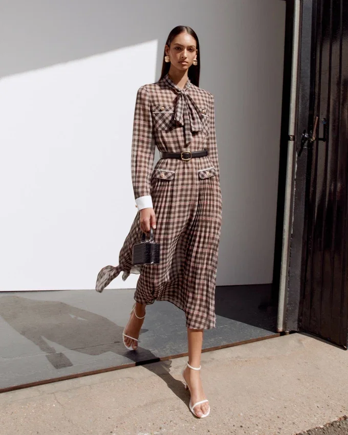 Brown Check Chiffon Midi Dress Brown Check Chiffon Midi Dress