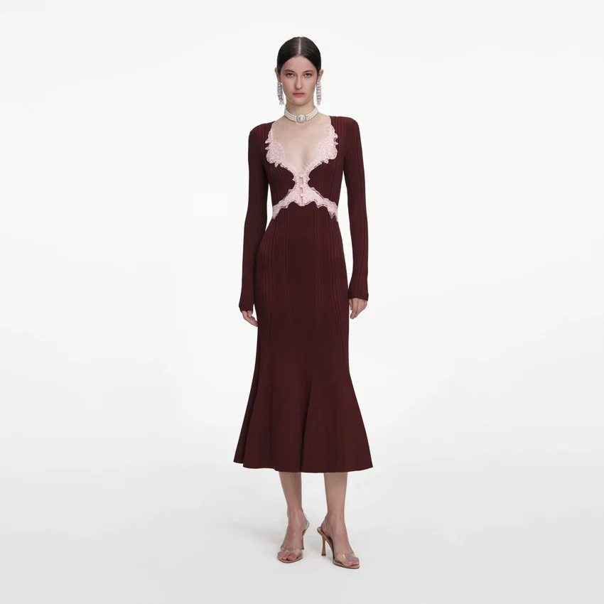 Brown Contrast Lace Knit Midi Dress Brown Contrast Lace Knit Midi Dress